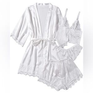 Women' White Silk Satin Pajamas Set 4pcs Lingerie with Robe